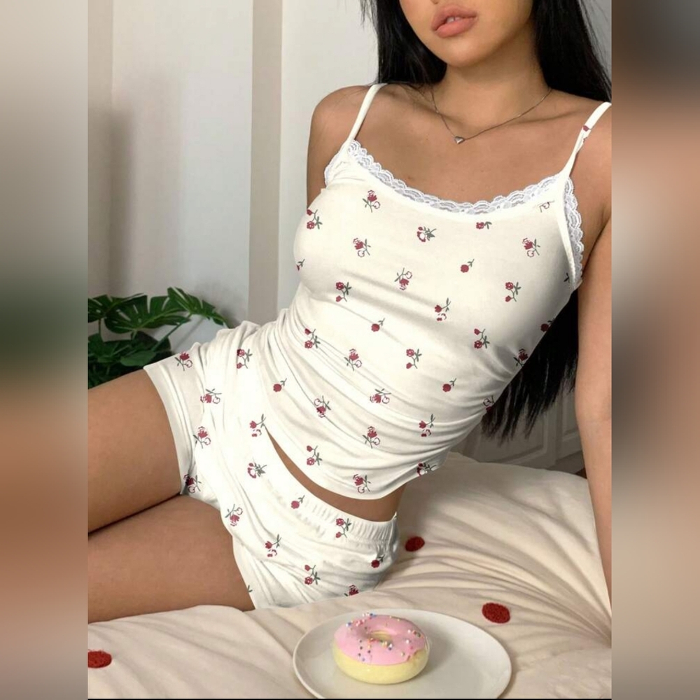SHEIN Floral Print Cami Pajama Set - White with Red Flowers, Size M